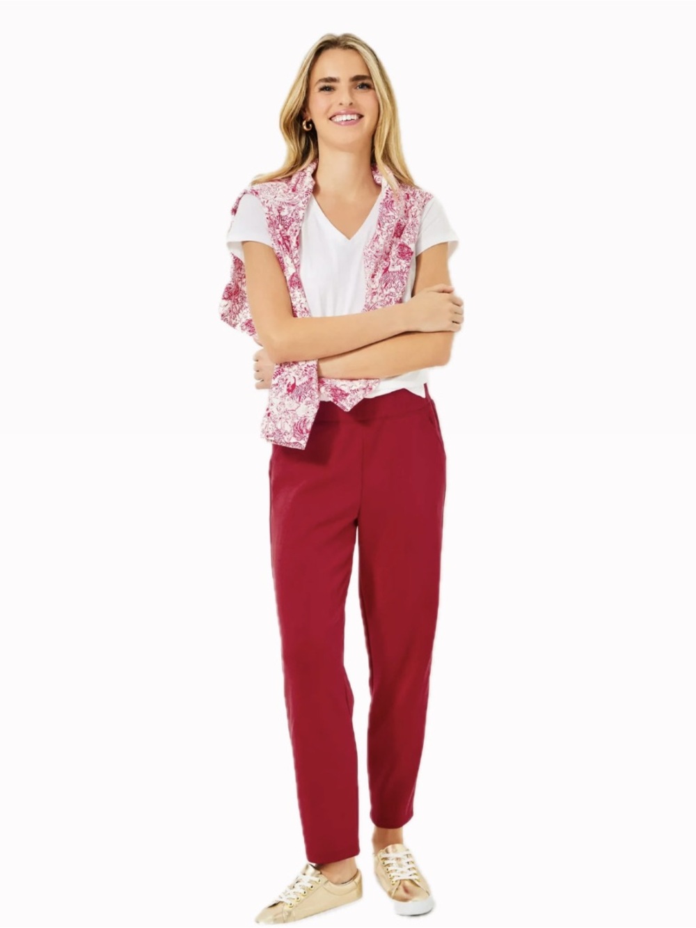 LILY PULITZER WOMEN L UPF 50+ RILEY PANT IN MALBEC RED POCKETS SLIP-ON NWT